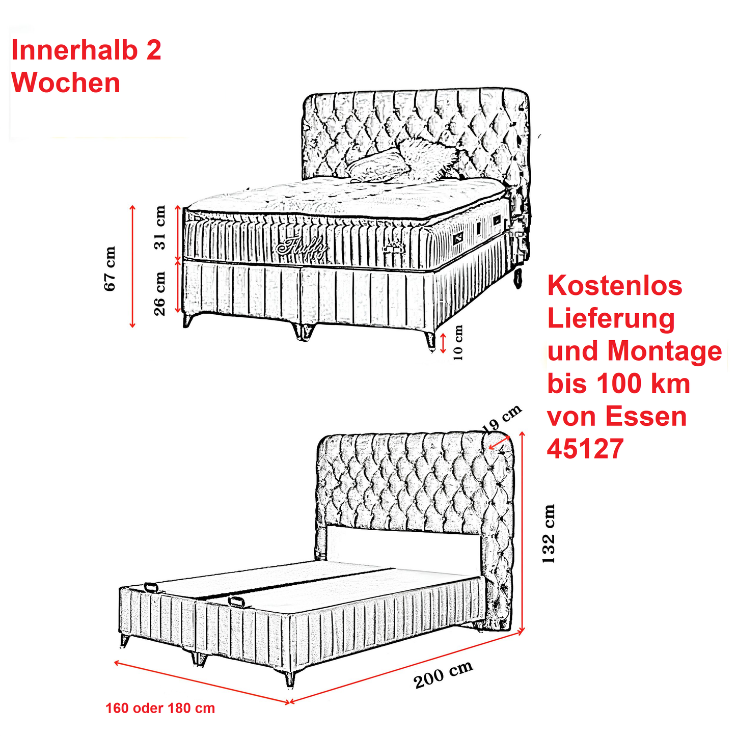 FLUFFY Bettsett mit Bettkasten, Kopfteil und Orthopädische Matratze mit Taschenfederkernsystem